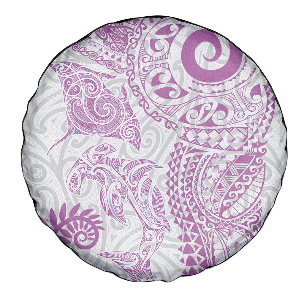 Aotearoa Maori Sea Animals Tribal Spare Tire Cover Manta Ray and Shark Moko Pattern Pink Color