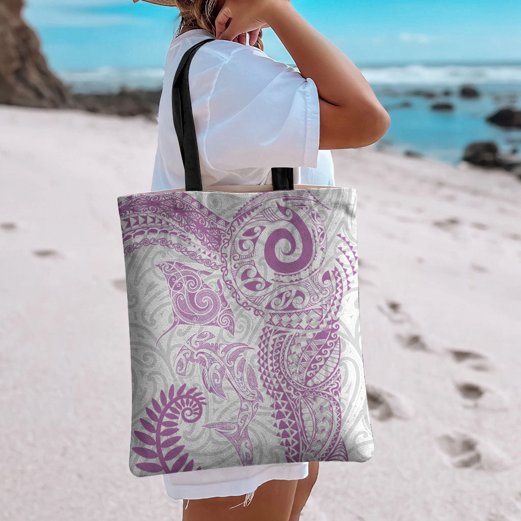 Aotearoa Maori Sea Animals Tribal Tote Bag Manta Ray and Shark Moko Pattern Pink Color