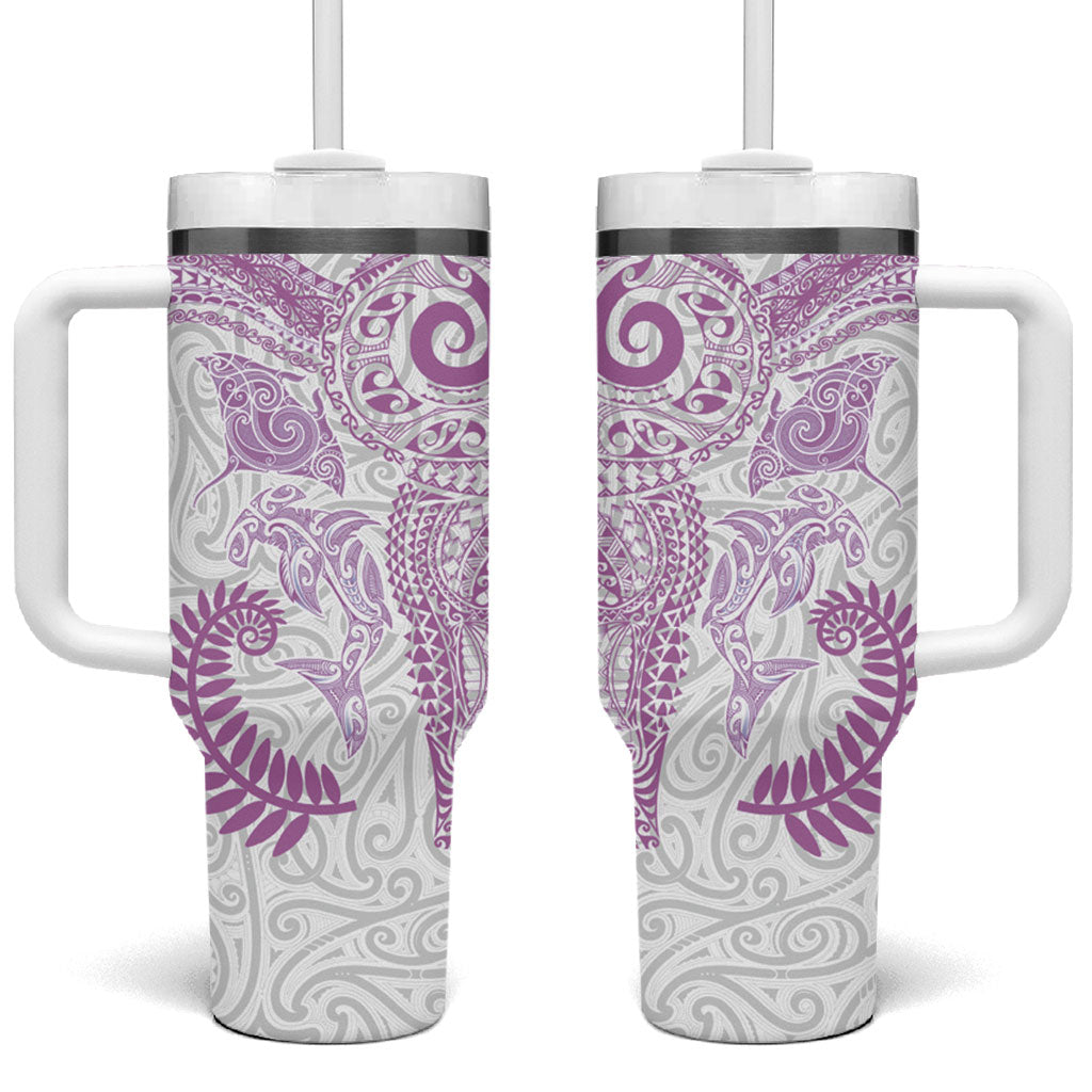 Aotearoa Maori Sea Animals Tribal Tumbler With Handle Manta Ray and Shark Moko Pattern Pink Color LT03 One Size: 40 oz Pink - Polynesian Pride