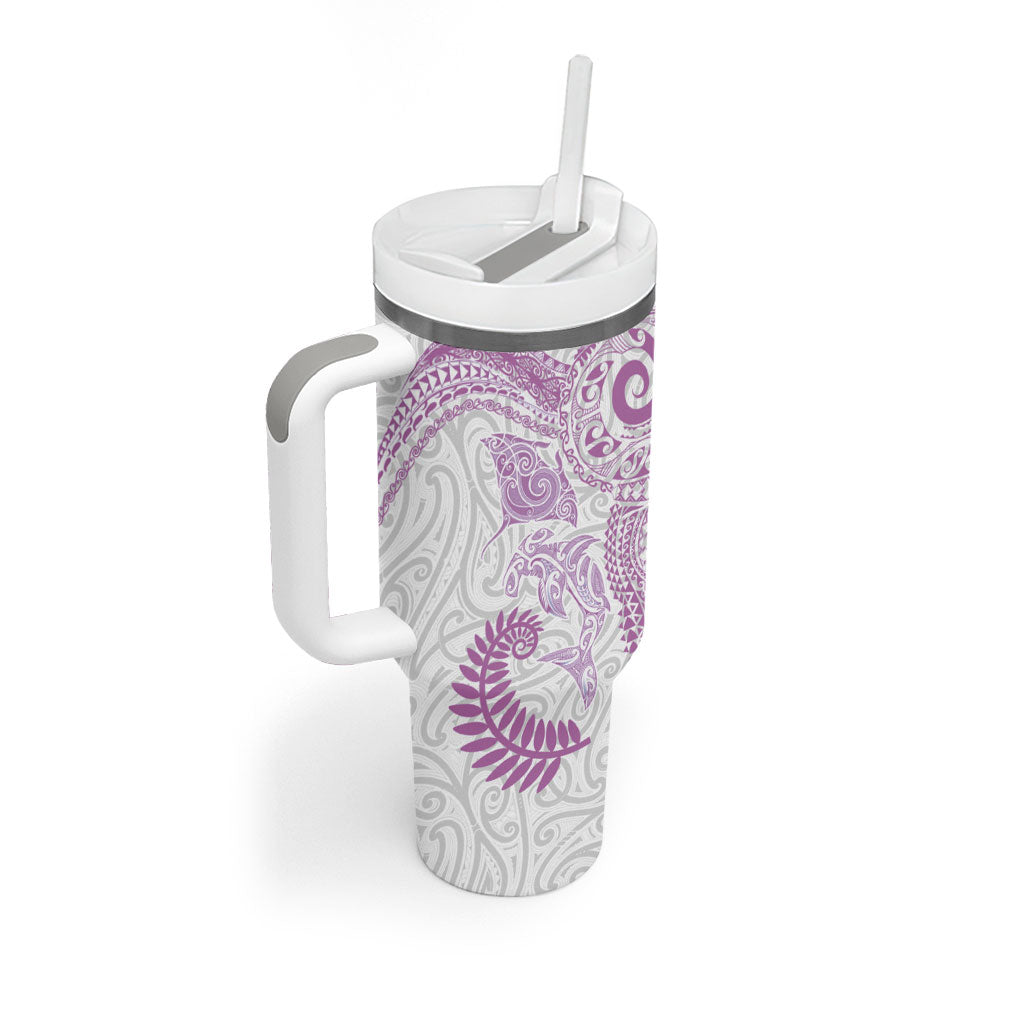 Aotearoa Maori Sea Animals Tribal Tumbler With Handle Manta Ray and Shark Moko Pattern Pink Color LT03 - Polynesian Pride
