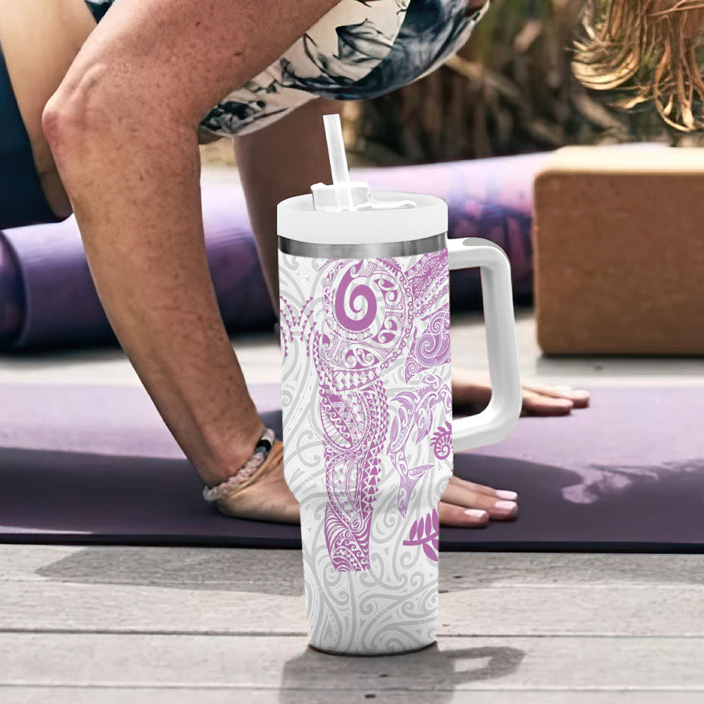 Aotearoa Maori Sea Animals Tribal Tumbler With Handle Manta Ray and Shark Moko Pattern Pink Color LT03 - Polynesian Pride