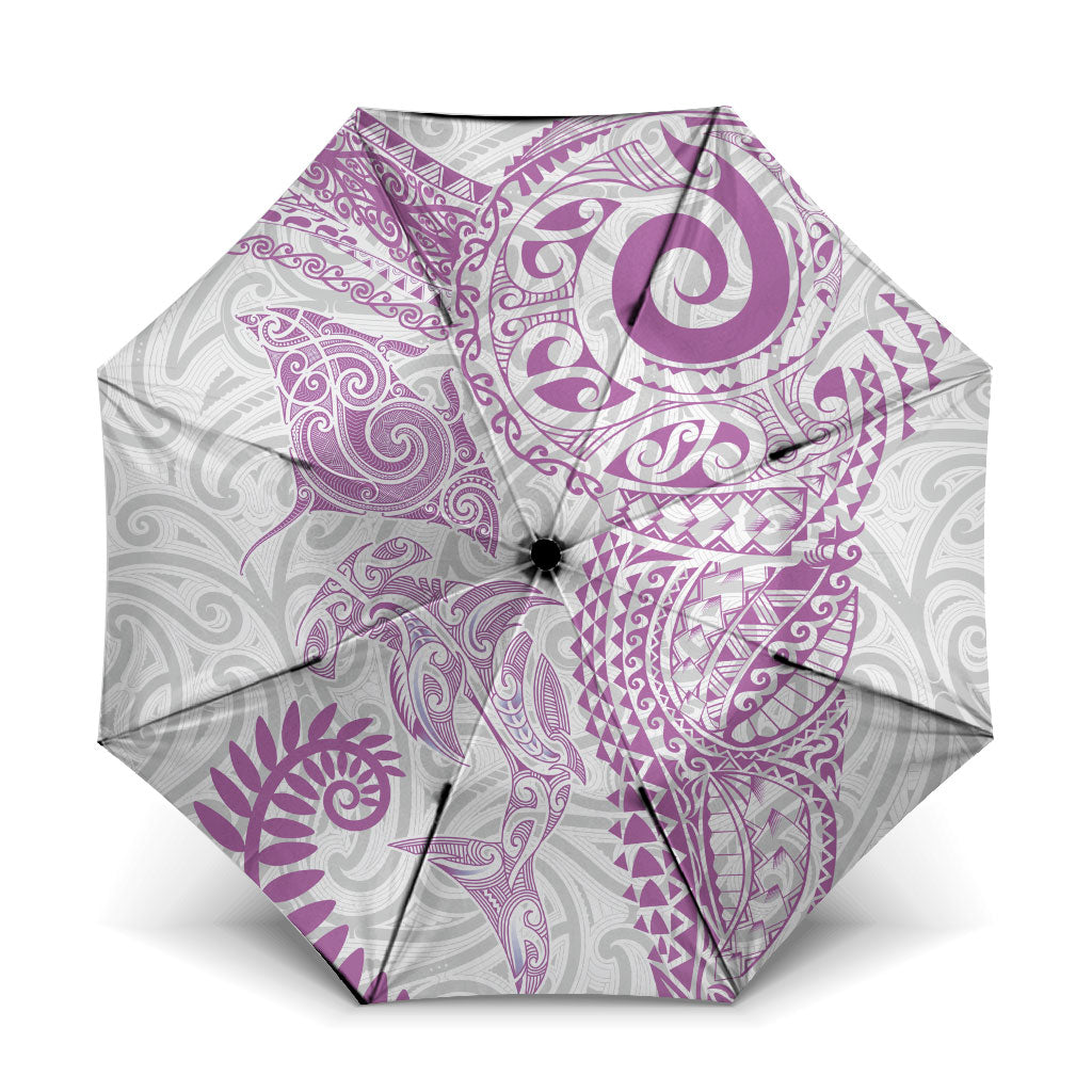 Aotearoa Maori Sea Animals Tribal Umbrella Manta Ray and Shark Moko Pattern Pink Color LT03 One Size Folded 11.42 inch Opened Diameter 37.4 inch Pink - Polynesian Pride