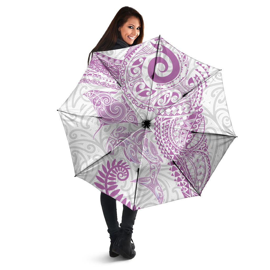 Aotearoa Maori Sea Animals Tribal Umbrella Manta Ray and Shark Moko Pattern Pink Color LT03 - Polynesian Pride