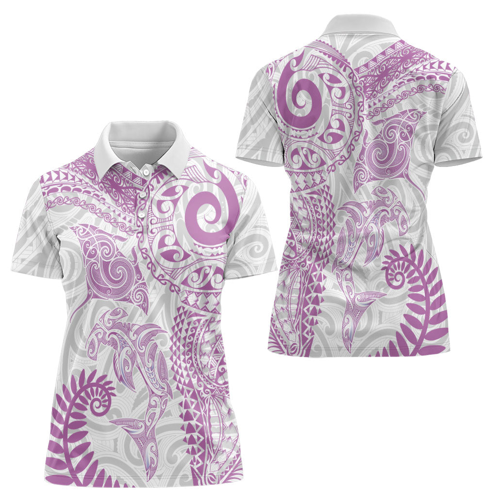 Aotearoa Maori Sea Animals Tribal Women Polo Shirt Manta Ray and Shark Moko Pattern Pink Color