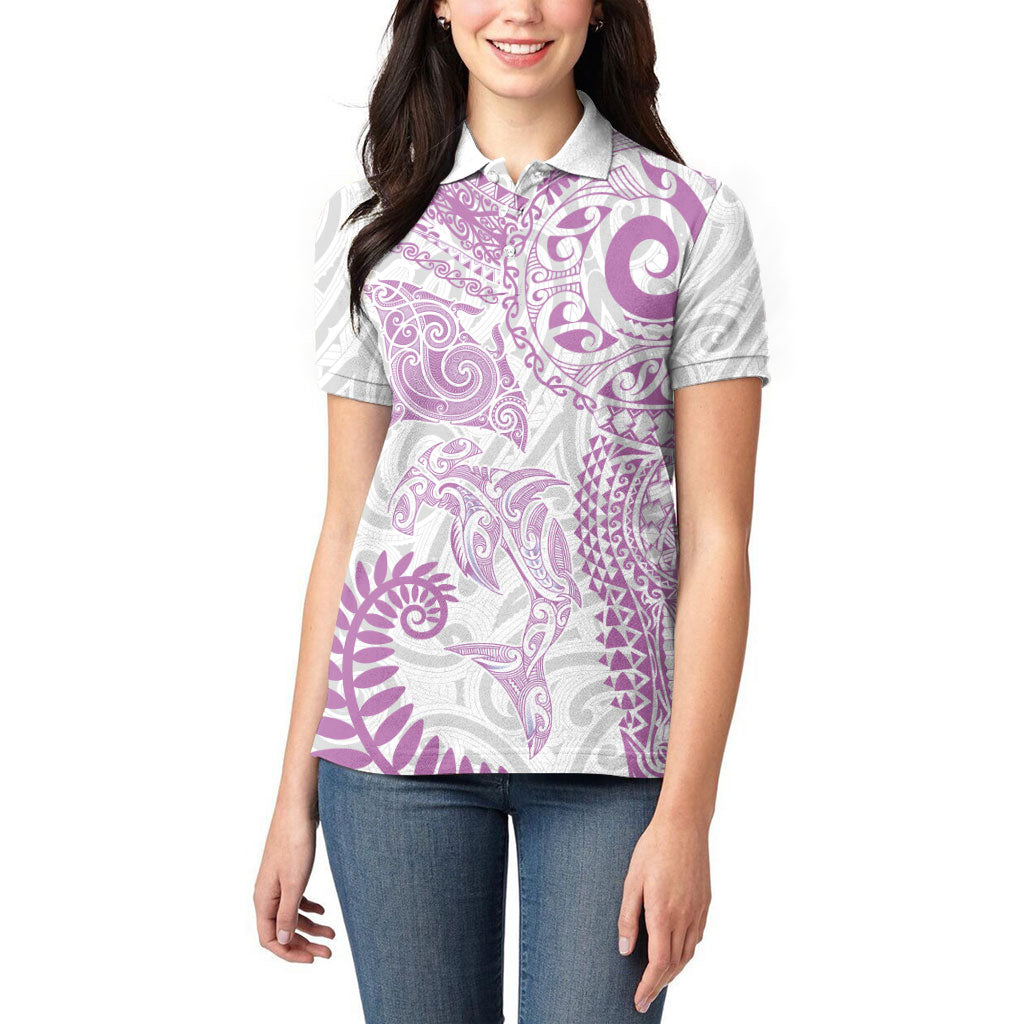Aotearoa Maori Sea Animals Tribal Women Polo Shirt Manta Ray and Shark Moko Pattern Pink Color