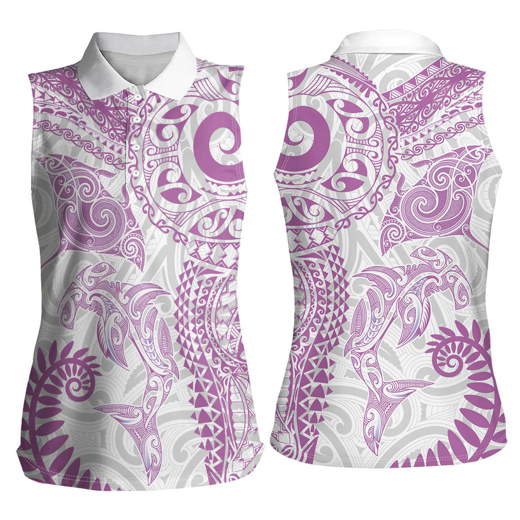 Aotearoa Maori Sea Animals Tribal Women Sleeveless Polo Shirt Manta Ray and Shark Moko Pattern Pink Color