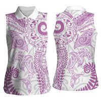 Aotearoa Maori Sea Animals Tribal Women Sleeveless Polo Shirt Manta Ray and Shark Moko Pattern Pink Color
