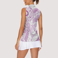 Aotearoa Maori Sea Animals Tribal Women Sleeveless Polo Shirt Manta Ray and Shark Moko Pattern Pink Color
