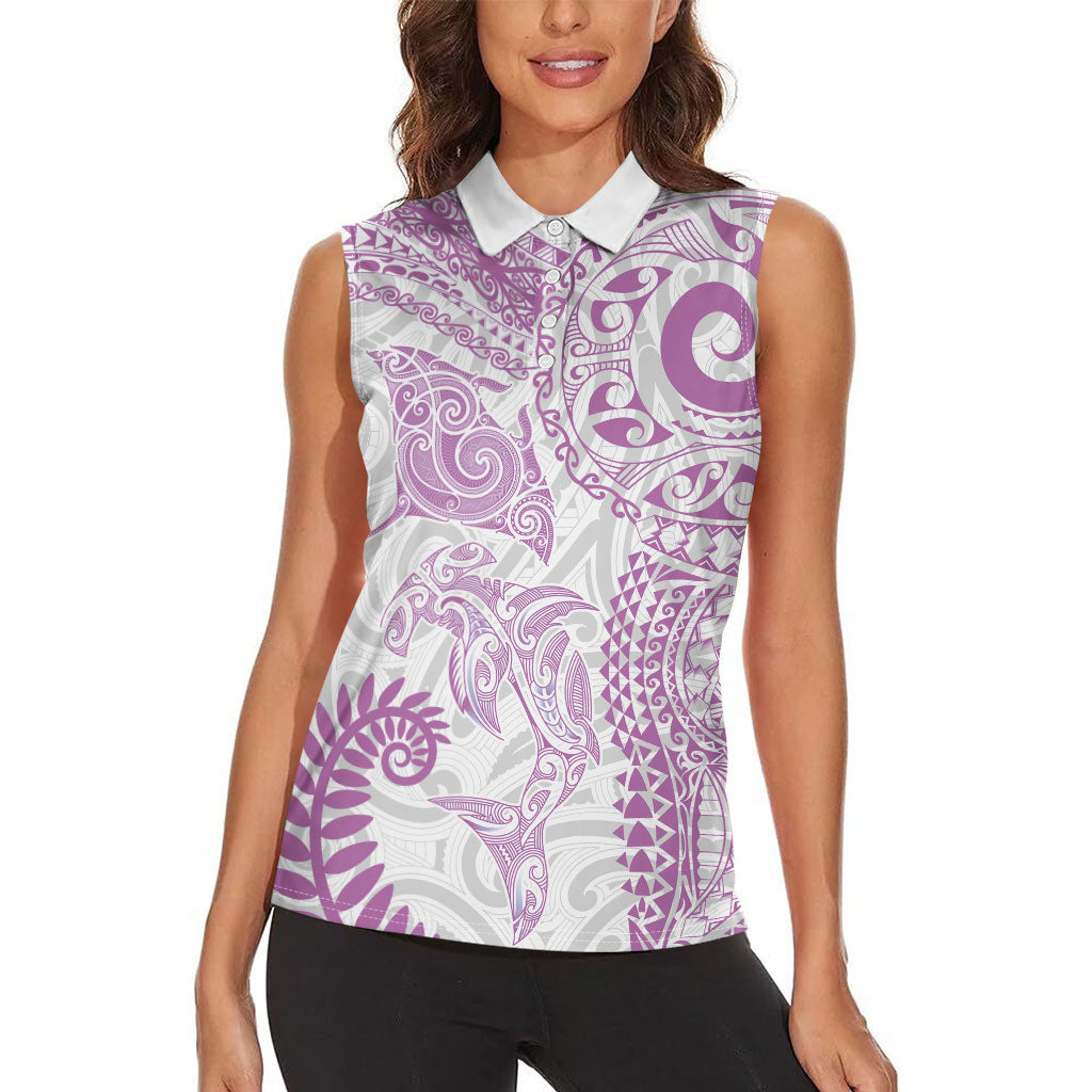 Aotearoa Maori Sea Animals Tribal Women Sleeveless Polo Shirt Manta Ray and Shark Moko Pattern Pink Color