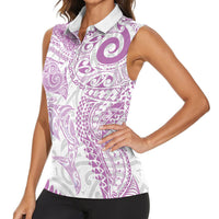 Aotearoa Maori Sea Animals Tribal Women Sleeveless Polo Shirt Manta Ray and Shark Moko Pattern Pink Color