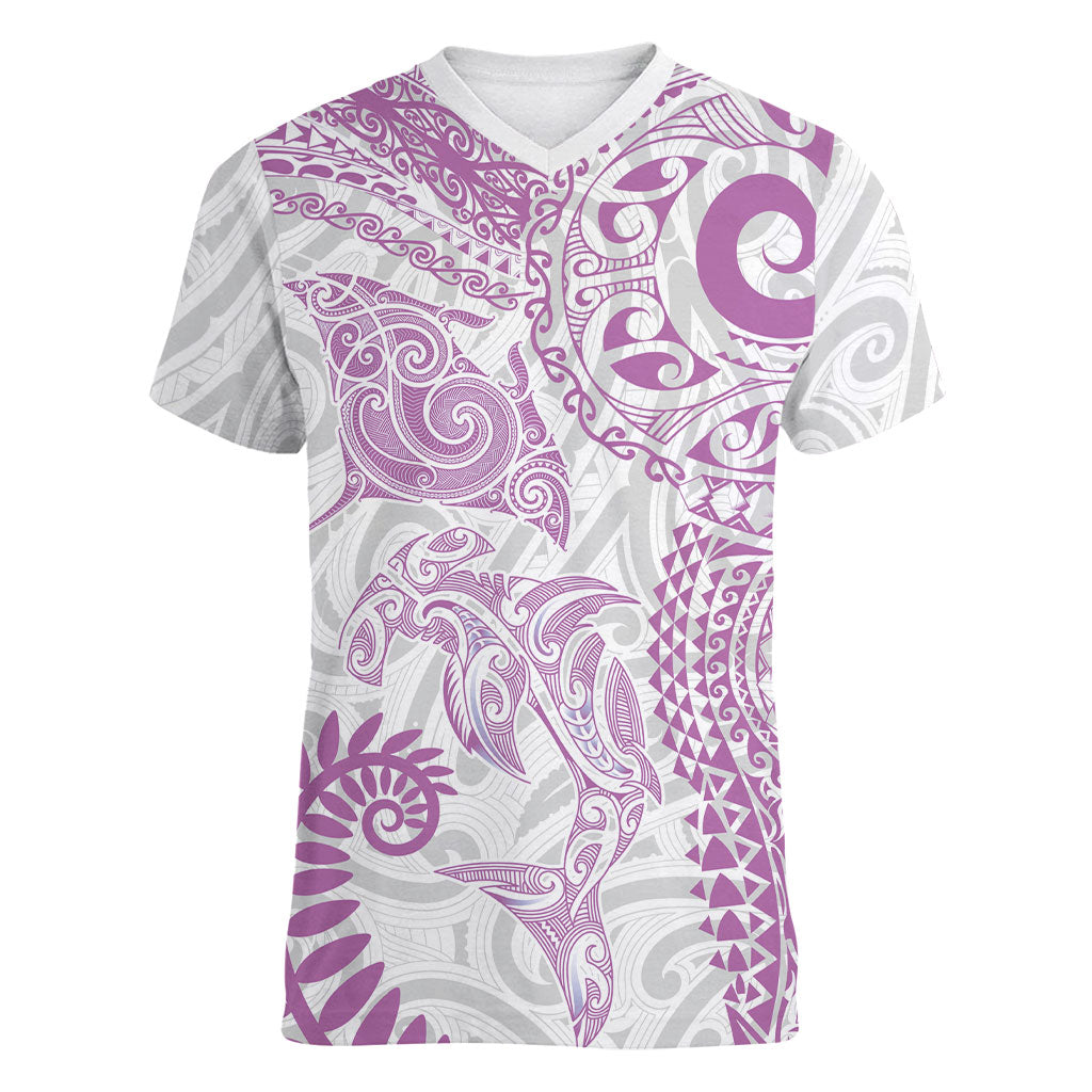 Aotearoa Maori Sea Animals Tribal Women V-Neck T-Shirt Manta Ray and Shark Moko Pattern Pink Color LT03 Female Pink - Polynesian Pride