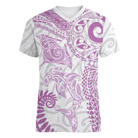 Aotearoa Maori Sea Animals Tribal Women V-Neck T-Shirt Manta Ray and Shark Moko Pattern Pink Color LT03 Female Pink - Polynesian Pride