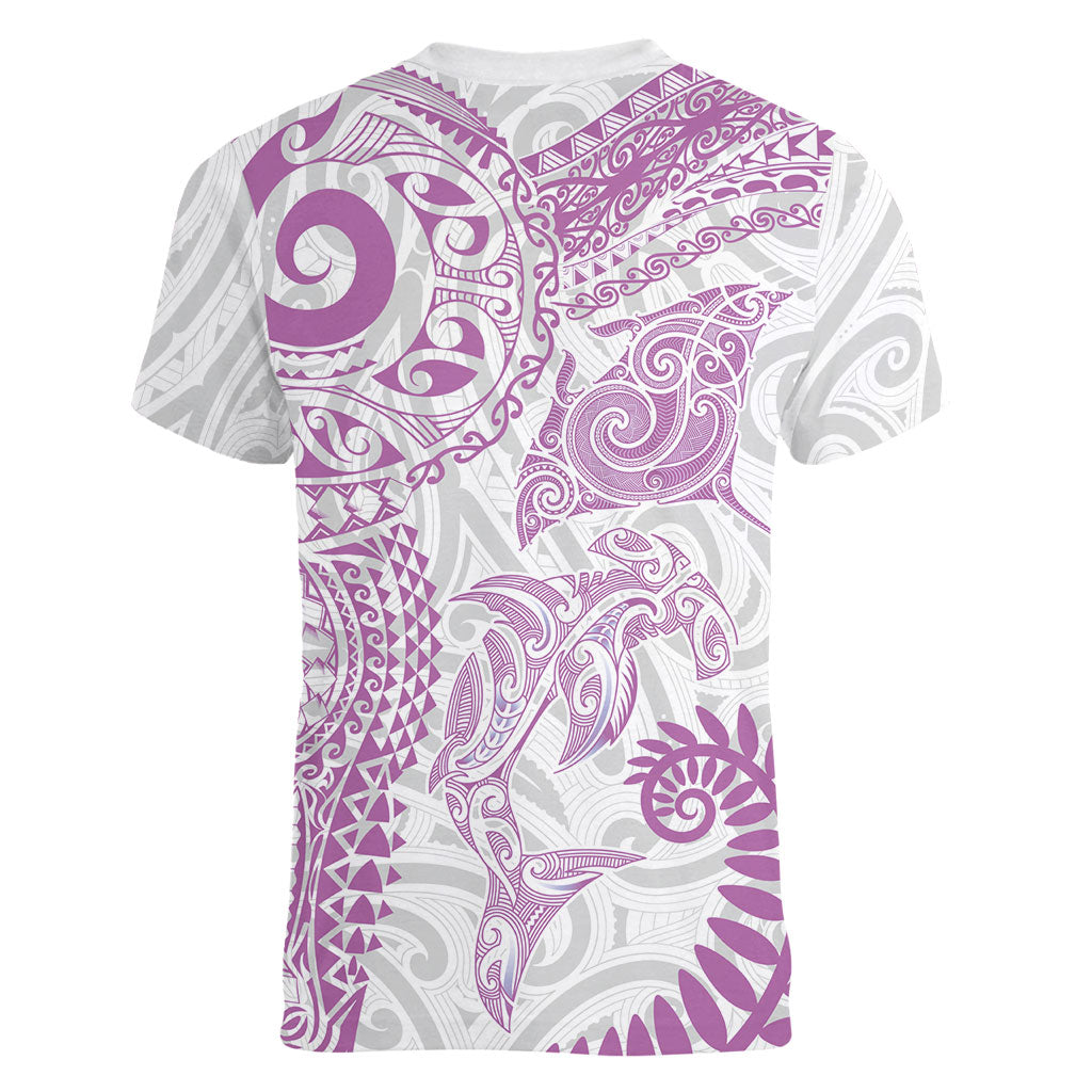 Aotearoa Maori Sea Animals Tribal Women V-Neck T-Shirt Manta Ray and Shark Moko Pattern Pink Color LT03 - Polynesian Pride