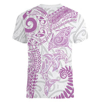 Aotearoa Maori Sea Animals Tribal Women V-Neck T-Shirt Manta Ray and Shark Moko Pattern Pink Color LT03 - Polynesian Pride