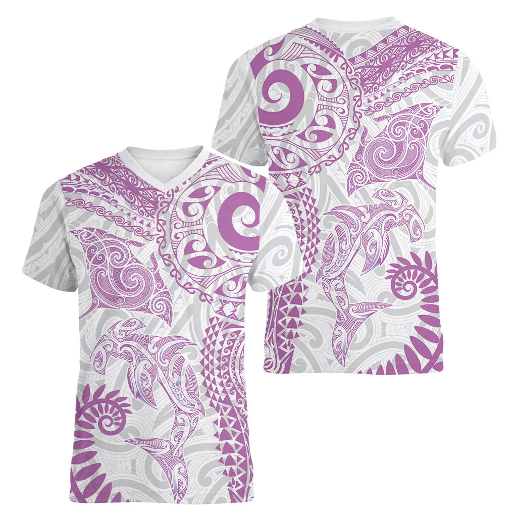 Aotearoa Maori Sea Animals Tribal Women V-Neck T-Shirt Manta Ray and Shark Moko Pattern Pink Color LT03 - Polynesian Pride