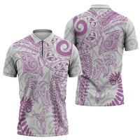 Aotearoa Maori Sea Animals Tribal Zipper Polo Shirt Manta Ray and Shark Moko Pattern Pink Color