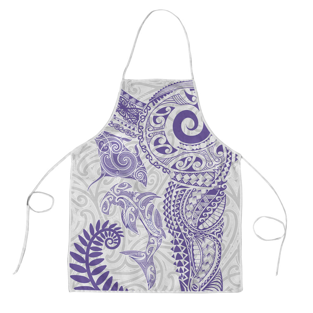 Aotearoa Maori Sea Animals Tribal Apron Manta Ray and Shark Moko Pattern Purple Color
