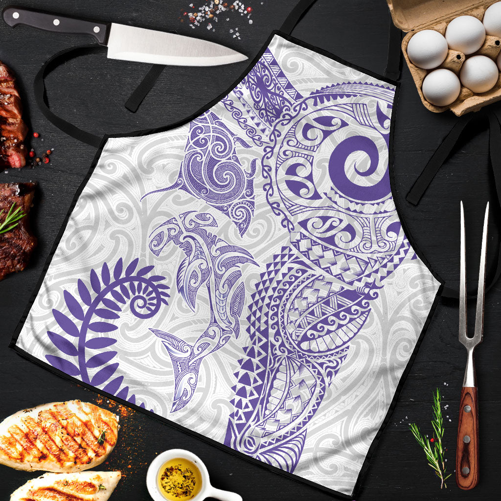 Aotearoa Maori Sea Animals Tribal Apron Manta Ray and Shark Moko Pattern Purple Color
