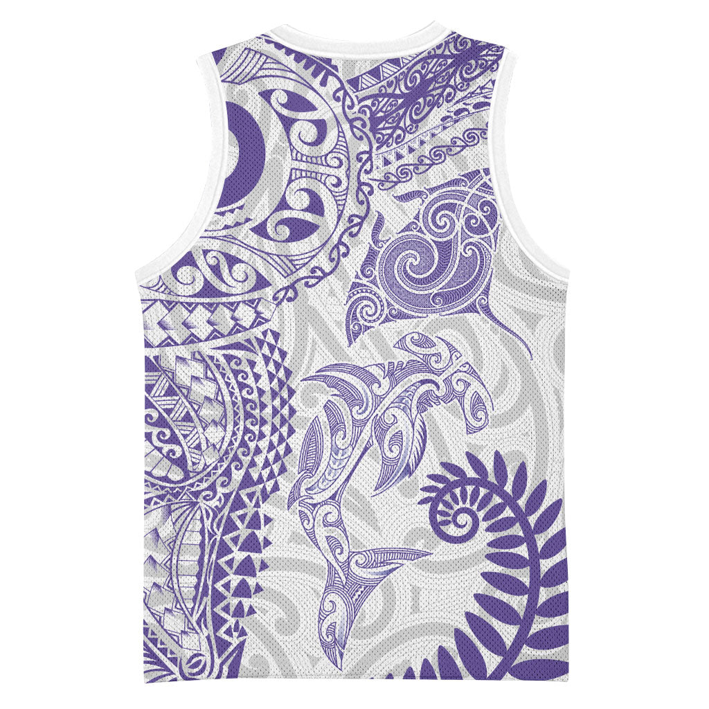 Aotearoa Maori Sea Animals Tribal Basketball Jersey Manta Ray and Shark Moko Pattern Purple Color