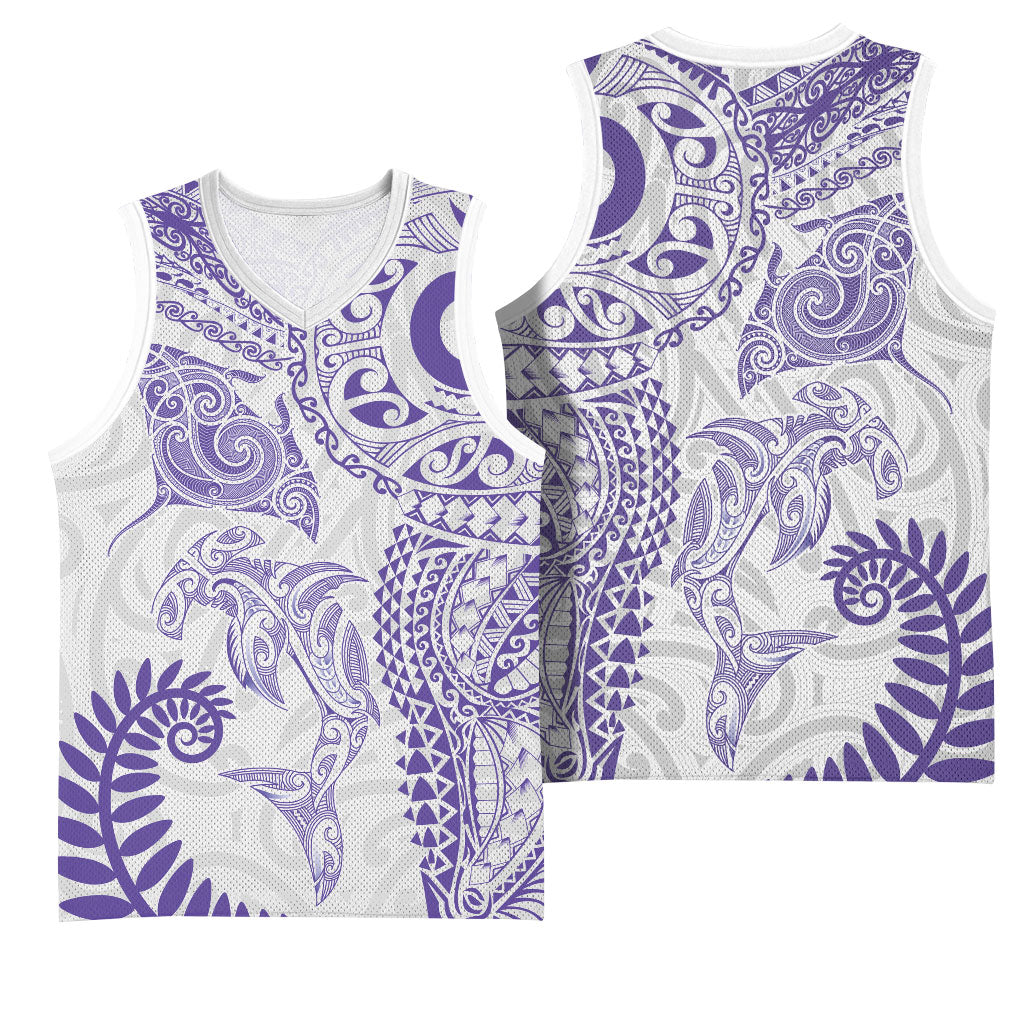 Aotearoa Maori Sea Animals Tribal Basketball Jersey Manta Ray and Shark Moko Pattern Purple Color