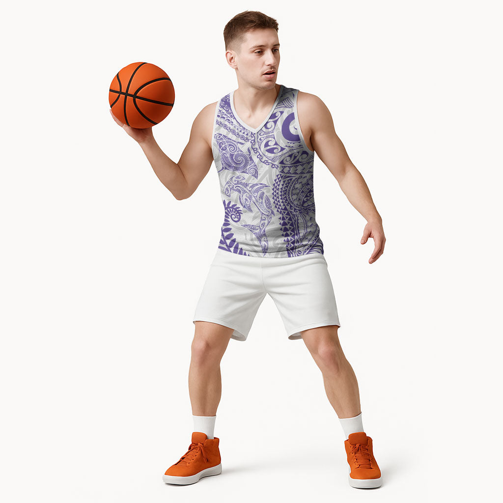 Aotearoa Maori Sea Animals Tribal Basketball Jersey Manta Ray and Shark Moko Pattern Purple Color