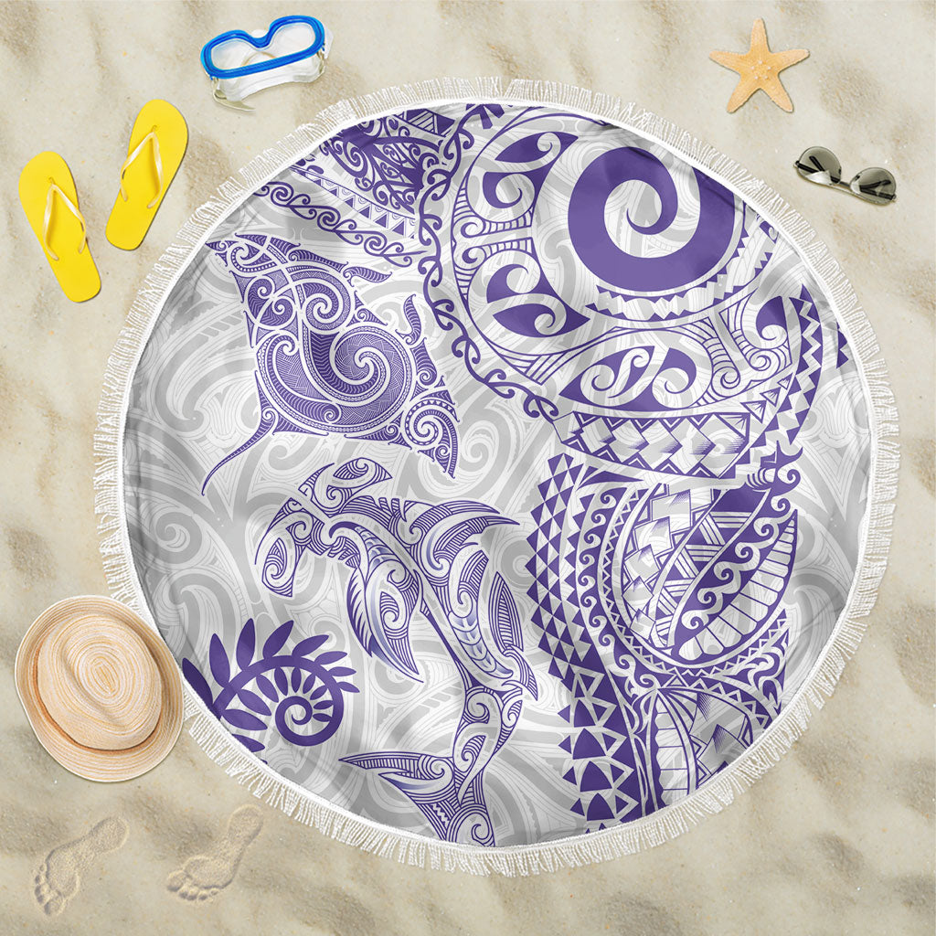 Aotearoa Maori Sea Animals Tribal Beach Blanket Manta Ray and Shark Moko Pattern Purple Color