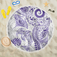 Aotearoa Maori Sea Animals Tribal Beach Blanket Manta Ray and Shark Moko Pattern Purple Color