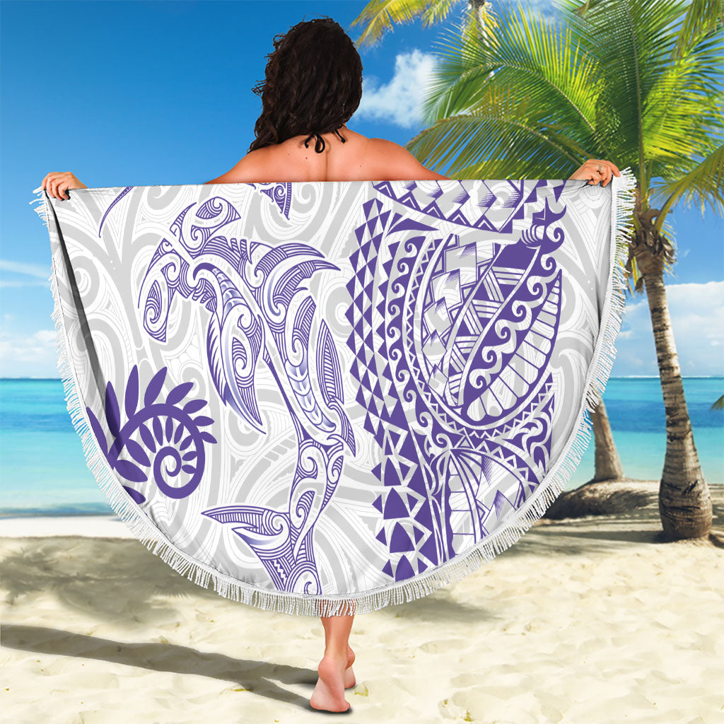 Aotearoa Maori Sea Animals Tribal Beach Blanket Manta Ray and Shark Moko Pattern Purple Color