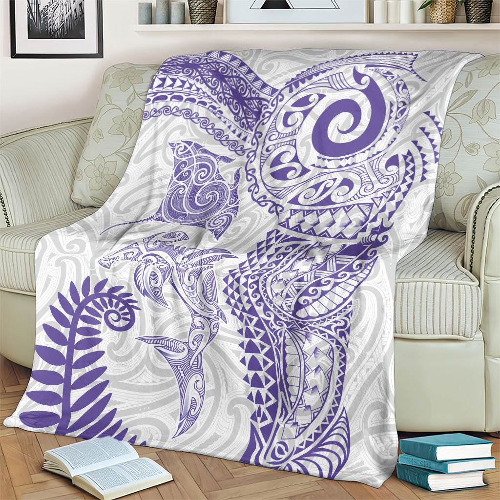 Aotearoa Maori Sea Animals Tribal Blanket Manta Ray and Shark Moko Pattern Purple Color