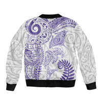 Aotearoa Maori Sea Animals Tribal Bomber Jacket Manta Ray and Shark Moko Pattern Purple Color