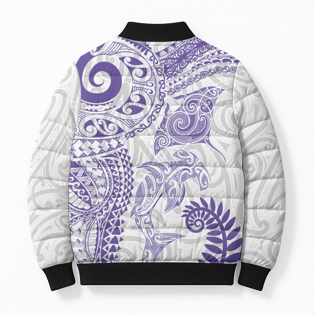 Aotearoa Maori Sea Animals Tribal Bomber Puffer Jacket Manta Ray and Shark Moko Pattern Purple Color