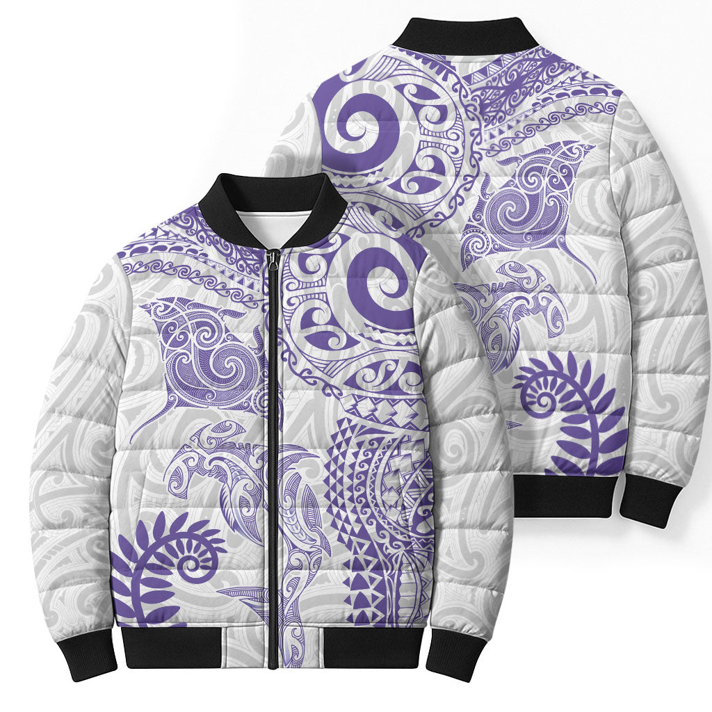 Aotearoa Maori Sea Animals Tribal Bomber Puffer Jacket Manta Ray and Shark Moko Pattern Purple Color