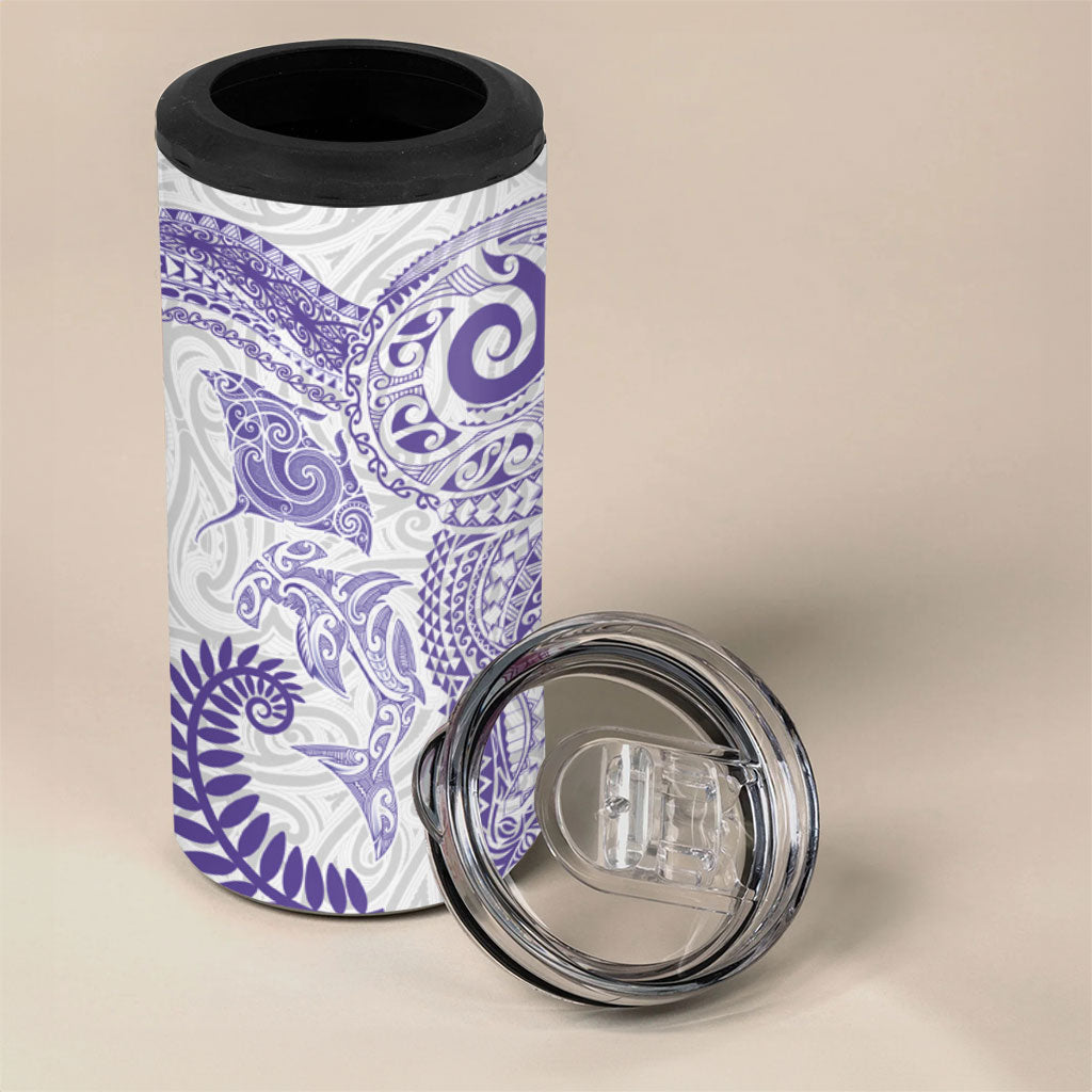 Aotearoa Maori Sea Animals Tribal 4 in 1 Can Cooler Tumbler Manta Ray and Shark Moko Pattern Purple Color