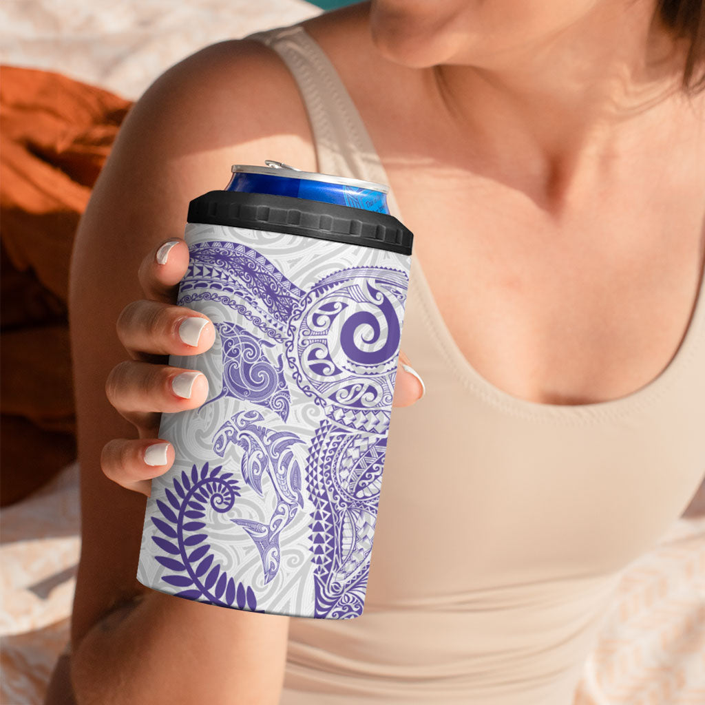 Aotearoa Maori Sea Animals Tribal 4 in 1 Can Cooler Tumbler Manta Ray and Shark Moko Pattern Purple Color