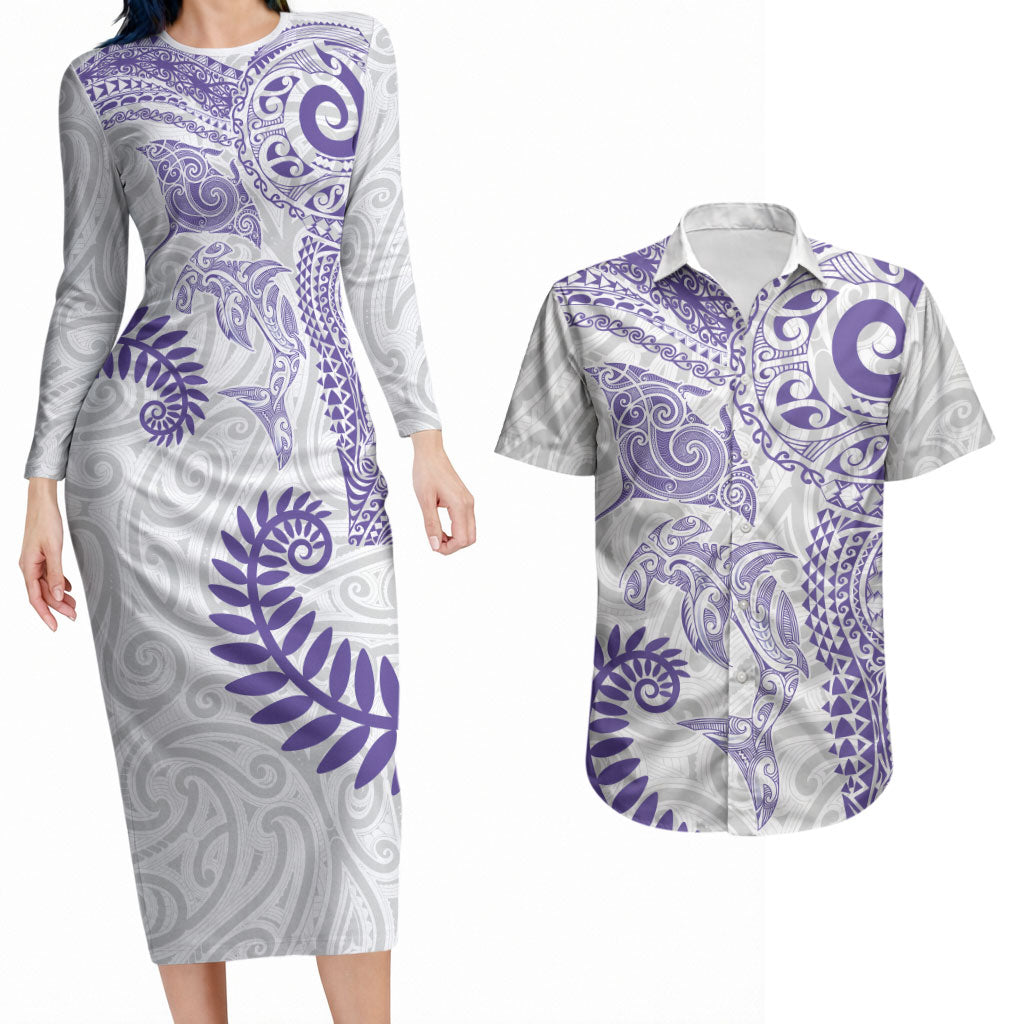 Aotearoa Maori Sea Animals Tribal Couples Matching Long Sleeve Bodycon Dress and Hawaiian Shirt Manta Ray and Shark Moko Pattern Purple Color LT03 Purple - Polynesian Pride