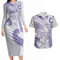 Aotearoa Maori Sea Animals Tribal Couples Matching Long Sleeve Bodycon Dress and Hawaiian Shirt Manta Ray and Shark Moko Pattern Purple Color LT03 Purple - Polynesian Pride