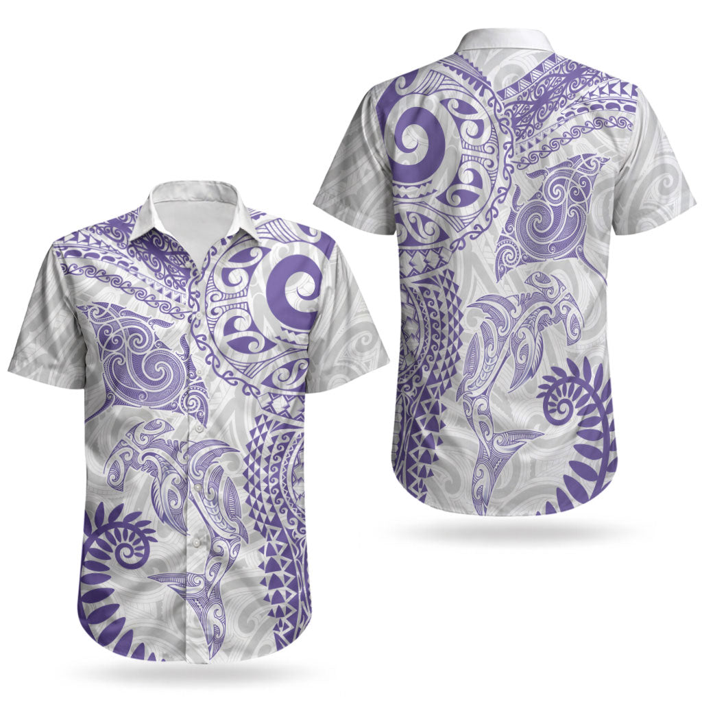 Aotearoa Maori Sea Animals Tribal Couples Matching Long Sleeve Bodycon Dress and Hawaiian Shirt Manta Ray and Shark Moko Pattern Purple Color LT03 - Polynesian Pride