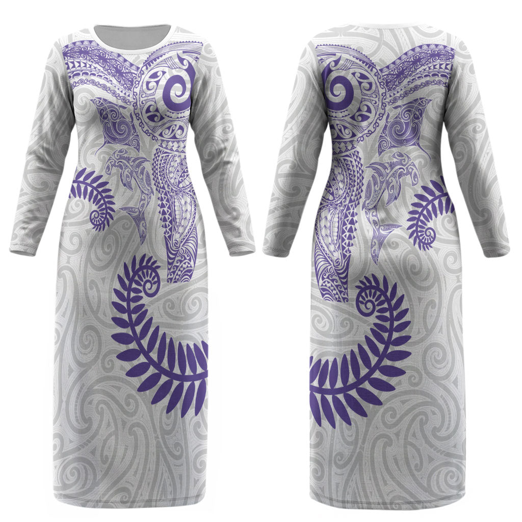 Aotearoa Maori Sea Animals Tribal Couples Matching Long Sleeve Bodycon Dress and Hawaiian Shirt Manta Ray and Shark Moko Pattern Purple Color LT03 - Polynesian Pride