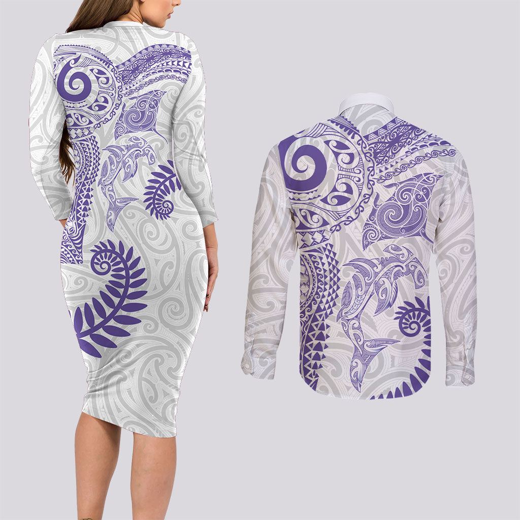 Aotearoa Maori Sea Animals Tribal Couples Matching Long Sleeve Bodycon Dress and Long Sleeve Button Shirt Manta Ray and Shark Moko Pattern Purple Color