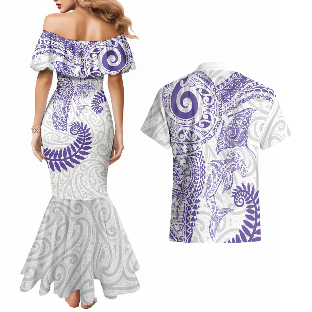 Aotearoa Maori Sea Animals Tribal Couples Matching Mermaid Dress and Hawaiian Shirt Manta Ray and Shark Moko Pattern Purple Color