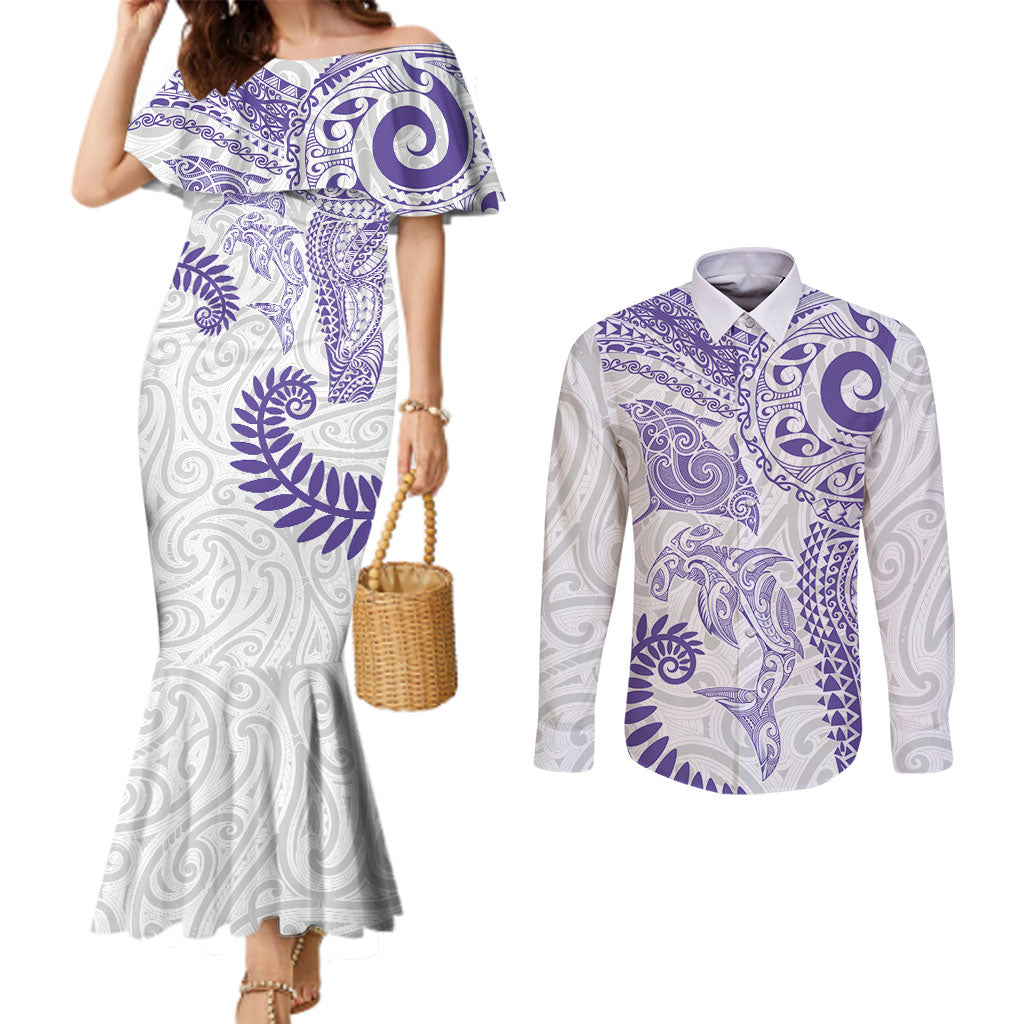 Aotearoa Maori Sea Animals Tribal Couples Matching Mermaid Dress and Long Sleeve Button Shirt Manta Ray and Shark Moko Pattern Purple Color