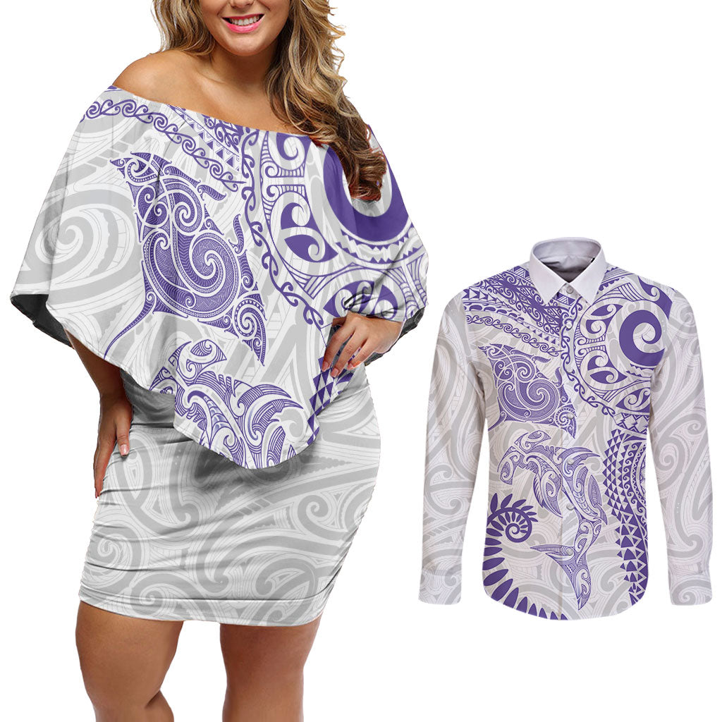 Aotearoa Maori Sea Animals Tribal Couples Matching Off Shoulder Short Dress and Long Sleeve Button Shirt Manta Ray and Shark Moko Pattern Purple Color