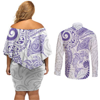 Aotearoa Maori Sea Animals Tribal Couples Matching Off Shoulder Short Dress and Long Sleeve Button Shirt Manta Ray and Shark Moko Pattern Purple Color