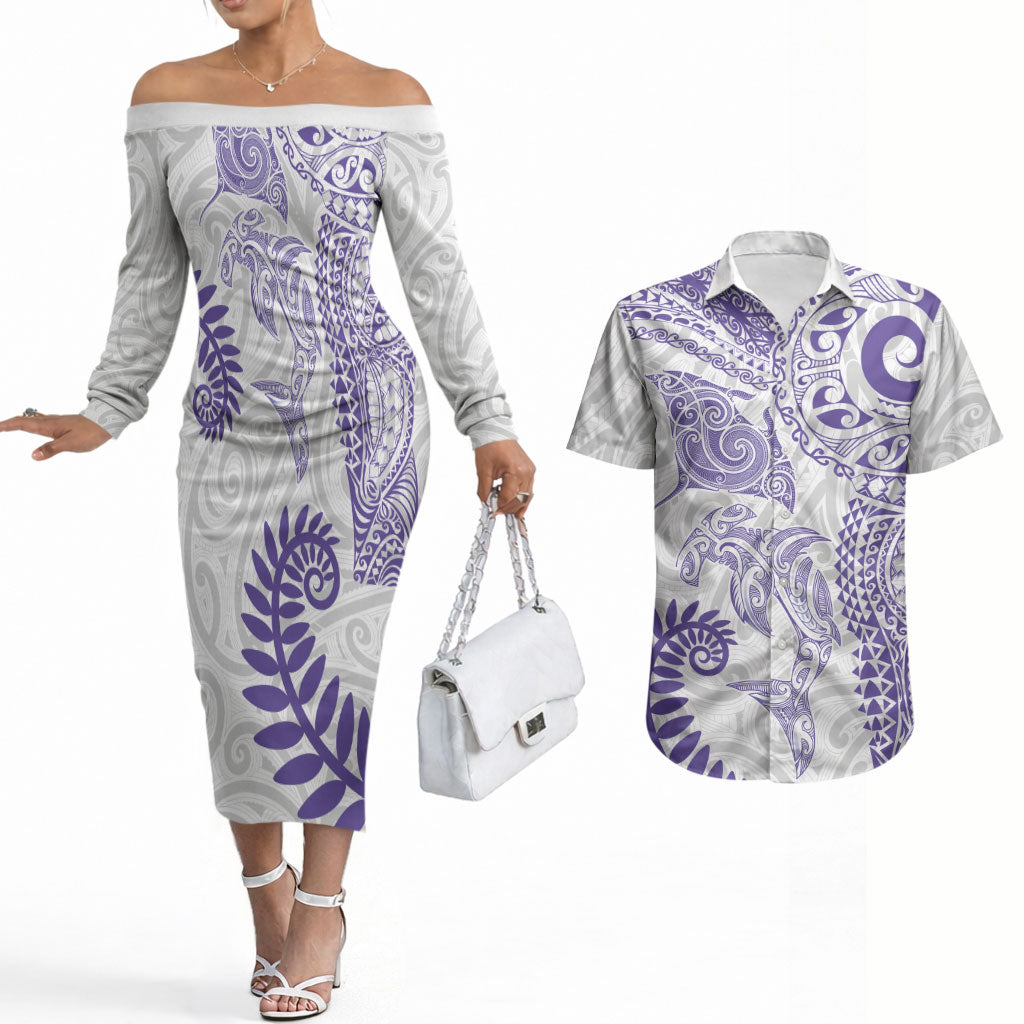 Aotearoa Maori Sea Animals Tribal Couples Matching Off The Shoulder Long Sleeve Dress and Hawaiian Shirt Manta Ray and Shark Moko Pattern Purple Color LT03 Purple - Polynesian Pride