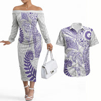 Aotearoa Maori Sea Animals Tribal Couples Matching Off The Shoulder Long Sleeve Dress and Hawaiian Shirt Manta Ray and Shark Moko Pattern Purple Color LT03 Purple - Polynesian Pride