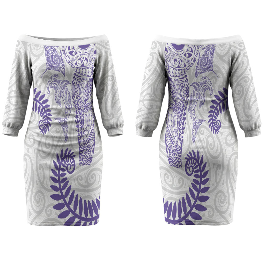 Aotearoa Maori Sea Animals Tribal Couples Matching Off The Shoulder Long Sleeve Dress and Hawaiian Shirt Manta Ray and Shark Moko Pattern Purple Color LT03 - Polynesian Pride