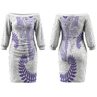 Aotearoa Maori Sea Animals Tribal Couples Matching Off The Shoulder Long Sleeve Dress and Hawaiian Shirt Manta Ray and Shark Moko Pattern Purple Color LT03 - Polynesian Pride