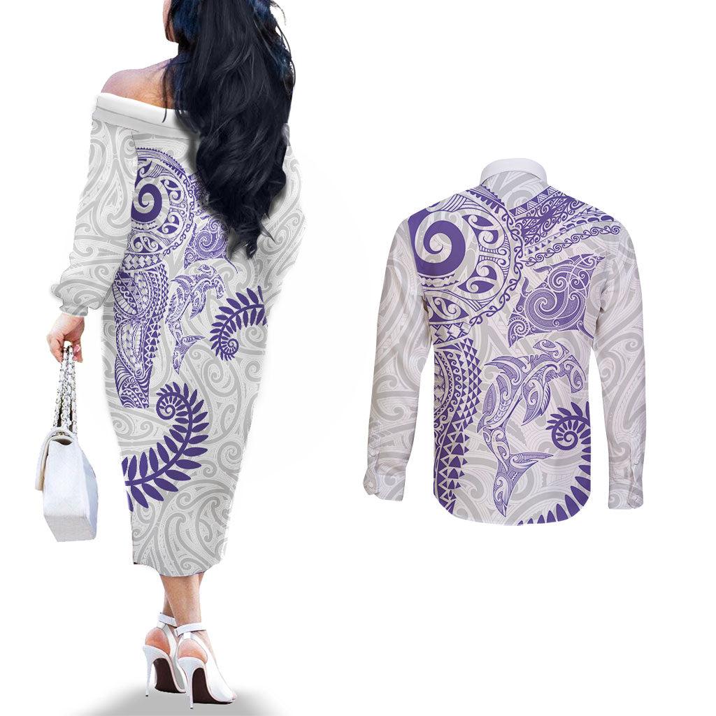 Aotearoa Maori Sea Animals Tribal Couples Matching Off The Shoulder Long Sleeve Dress and Long Sleeve Button Shirt Manta Ray and Shark Moko Pattern Purple Color