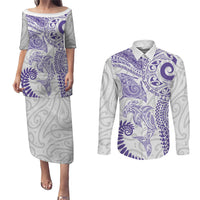 Aotearoa Maori Sea Animals Tribal Couples Matching Puletasi and Long Sleeve Button Shirt Manta Ray and Shark Moko Pattern Purple Color