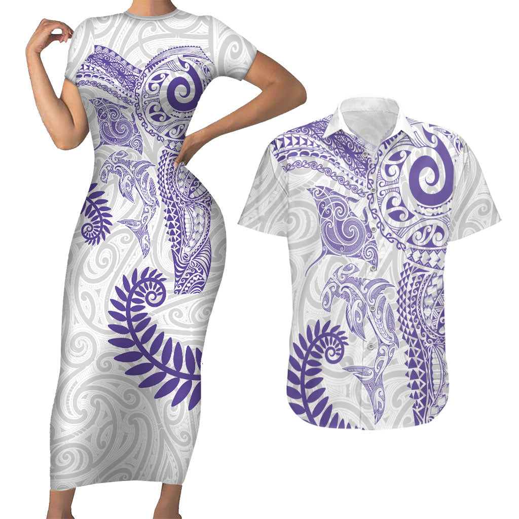 Aotearoa Maori Sea Animals Tribal Couples Matching Short Sleeve Bodycon Dress and Hawaiian Shirt Manta Ray and Shark Moko Pattern Purple Color